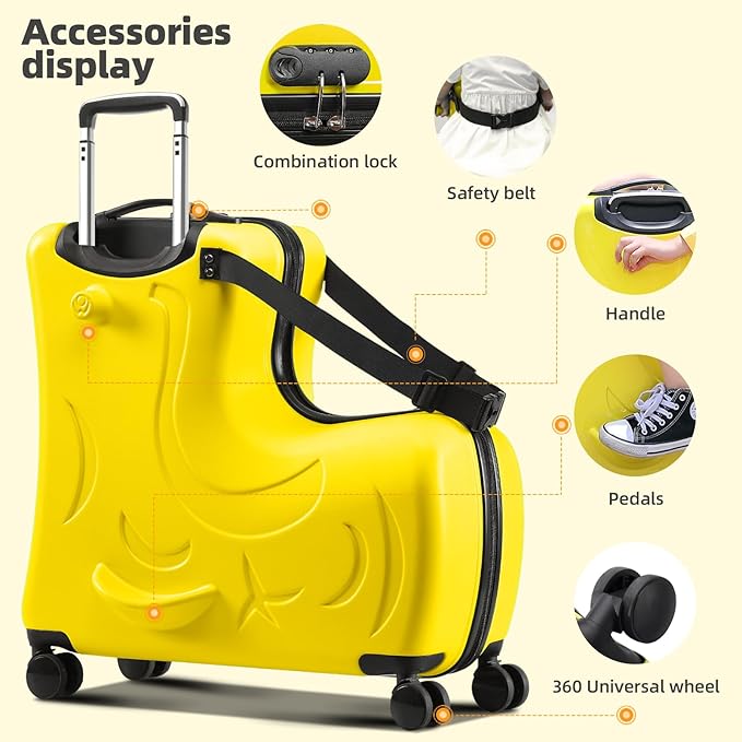 Hardside Ride on Kids Luggage with 4 Spinner Wheels for Girls and Boys, Rolling Childrens Travel Suitcase with Seat and Safety Belt for Toddler Ages 2-12 (Yellow, 25-Inch Checked)
