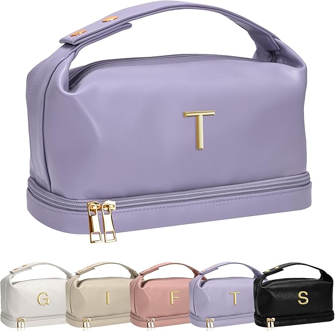 Birthday Gifts for Girls, Makeup Bags, Personalized Double Layer Cosmetic Bag with Makeup Brush Organizer, Gift for Her，PU Leather Travel Toiletry Bag, Travel Stuff for Girls