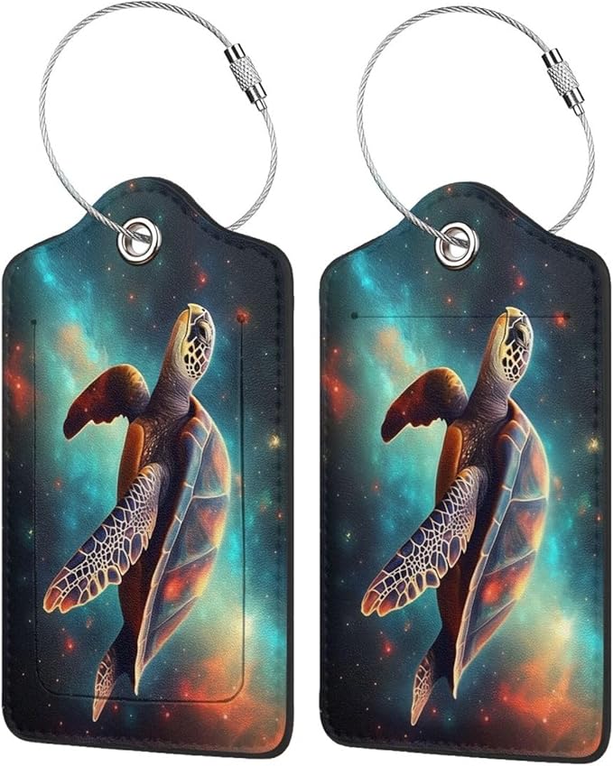 Sea Turtle Leather Luggage Tag with Stainless Steel Ring, Fun Name Id Card Cover Travel Bag Tag Set, Suitable for Travel Bag Luggage Women Men 2 PCS