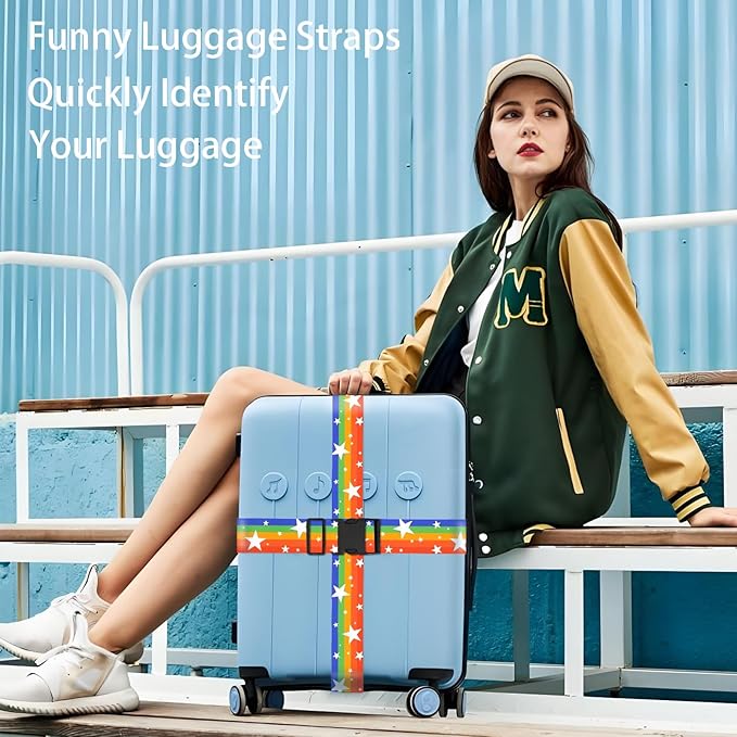 Rainbow Stars Luggage Straps for Suitcases, Adjustable Luggage Travel Belt to Keep Luggage Security While Travel, Strong Polyester Fabric, Easy-to-Recognize Funny Pattern Travel Essentials, 2 Pack