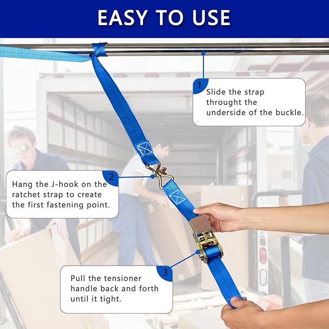 Ratchet Straps (4-Pack), 1 Inch x 16.4 Feet (2200lb Break Strength) with Sturdy Metal Hooks, 1x Work Gloves, Heavy Duty Tie Down Straps for Truck, Cargo Trailer, Motorcycle, Luggage, Moving (Blue)