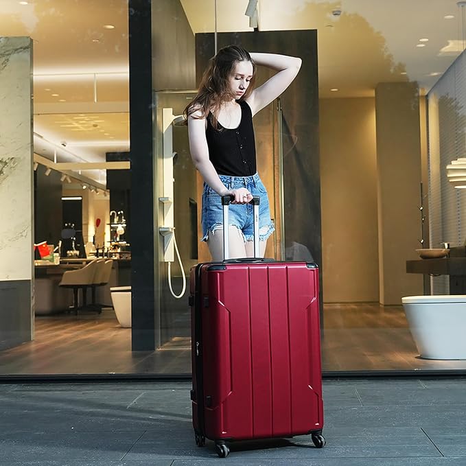 Merax 28 Inch Checked-Large Luggage with Wheels Aluminum Alloy Corner Hard Shell Suitcase TSA Luggage Suitcases for Travel Woman Men(Red)