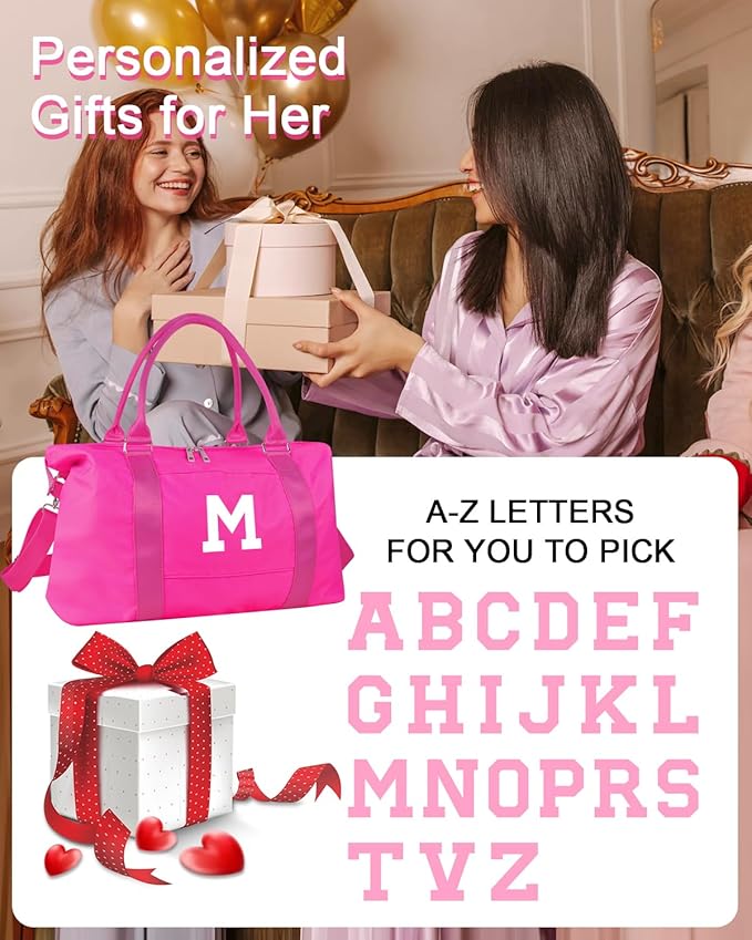 Overnight Bag for Kids Teen Girls Weekender Dance Bag Birthday Graduation Gifts,Initial Travel Duffel Bag Sports Gym Bag Personalized Weekender Bag Carry On Bags Preppy Gifts for Women(Hot Pink, M)