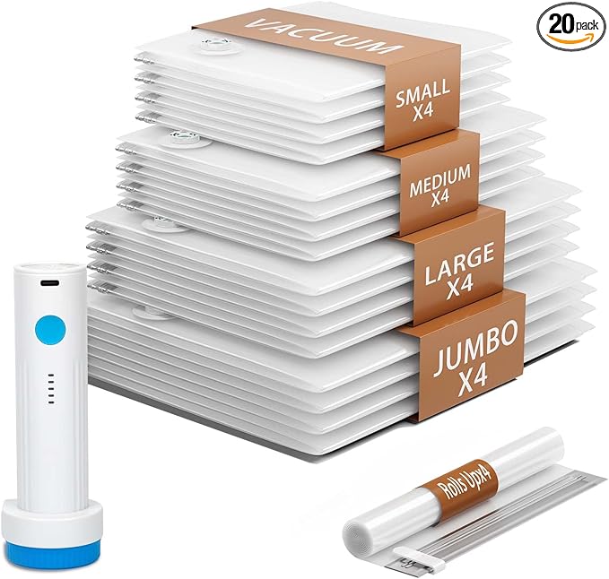 20 Pack Vacuum Storage Bags,Space Saver Bags for Clothing,Comforters,and Bedding,Includes 4 Jumbo, 4 Large, 4 Medium, 4 Small/4 Roll Bags,Compression for Closet & Travel, With Electric Pump