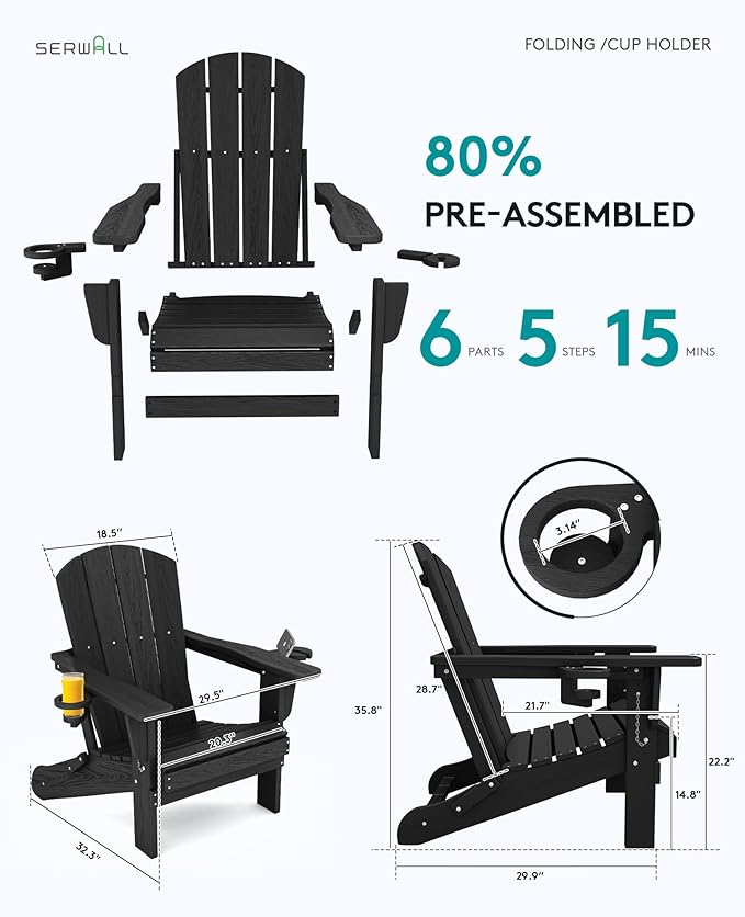 SERWALL HDPE Folding Adirondack Chair with Dual Cup Holder - Composite Adirondack Chair Set of 6- Black