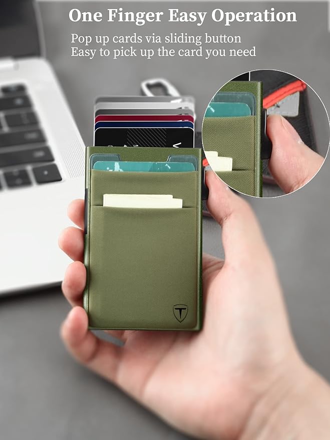 Slim Wallet for Men,Pop Up Credit Card Wallet Aluminum Minimalist RFID Blocking Smart Card Holder with Cash Slot for Front Pocket,6-12 Card Capacity, Green