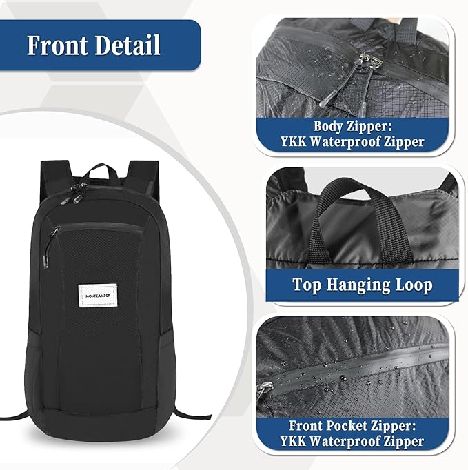 Hiking Daypack - Lightweight & Water-Resistant Portable Backpack for Travel, Camping, Outdoor Adventures(20L, black)