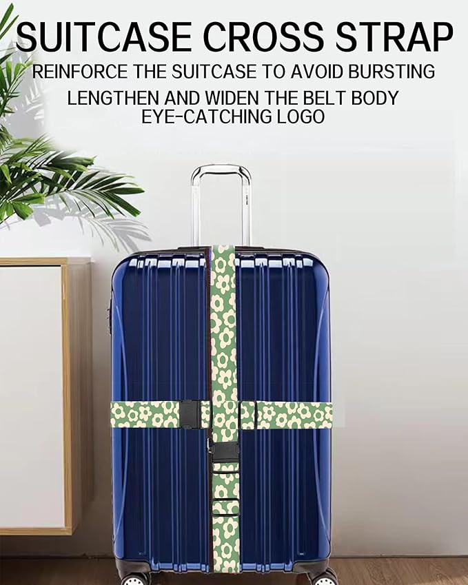Luggage Straps for Suitcases, Adjustable Travel Belt, Durable Wide Luggage Strap, Cute Suitcase Strap Identifiers with Buckle, Bag Straps for Luggage, Grey Cute Flowers