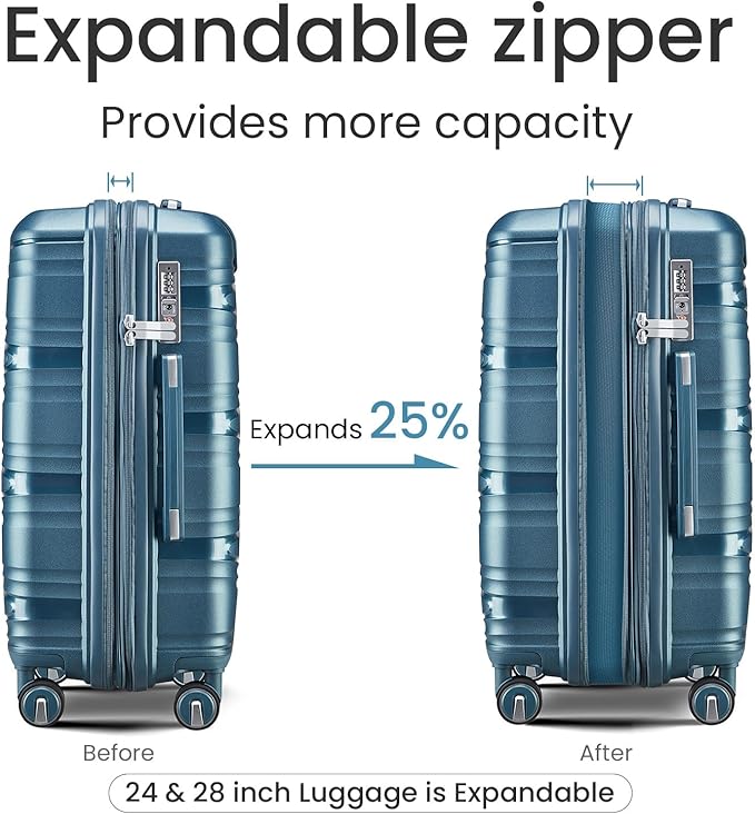Campfun Luggage 4 Piece Sets, Expandable Carry On Luggage Set Hardshell PP, Suitcase Set with Double Spinner Wheels, Checked Durable Lightweight with TSA Lock, 14in 20in 24in 28in-Peacock Blue(C)