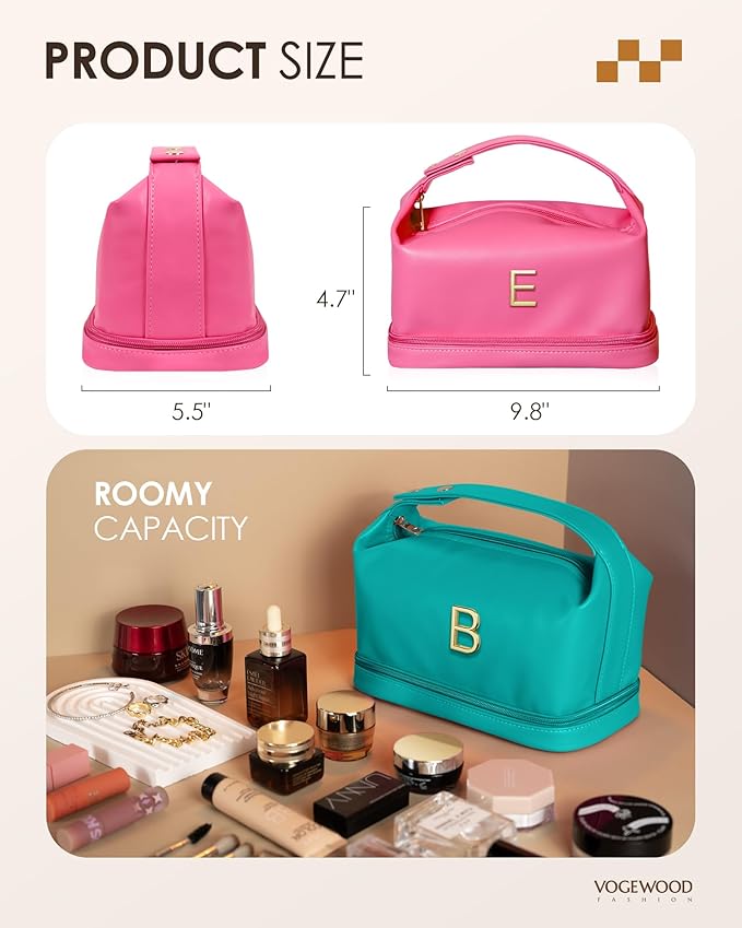 Gifts for Teenage Girls, Personalized Makeup Bag with Handle, Initial Double Layer Cosmetic Bag with Makeup Brush Organizer, Cute Cosmetic Pouch for Women, Gifts for Friend Female Mom