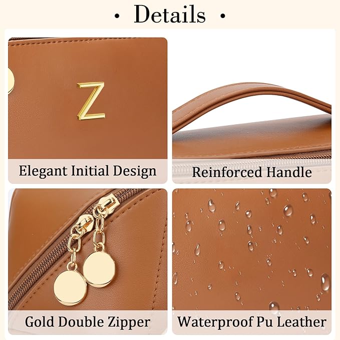 Birthday Gifts for Women Teen Girl, Personalized Initial Makeup Organizer Bag Set, Open Flat Travel Cosmetic Bag With Clear Divider and Handle(Brown,Z)