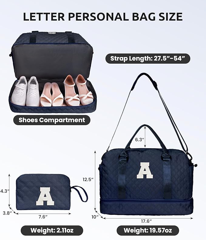 Navy Blue Duffel Bag, Personalized Initial, 12x7x2 inches