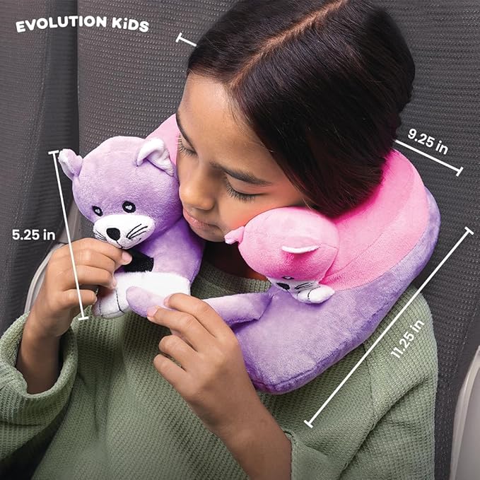 Cabeau Airplane Travel Pillow for Kids – Evolution Kids – Neck Support for Sleeping on Airplanes, Trains, and Cars – Cute, Cozy, and Cuddly Animal Pal for On-The-Go Journeys (Kittens)