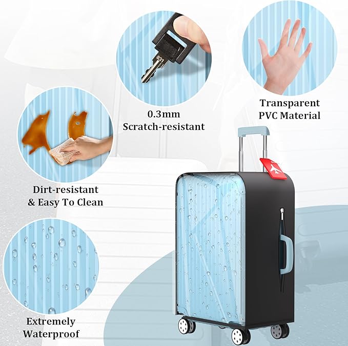 Upgraded Clear TPU Luggage Cover Protector with Black Stretchable Sides, Fit 30 Inch Travel Suitcase TSA Approved, Waterproof & Anti-Scratch, Includes Free Red Luggage Tag