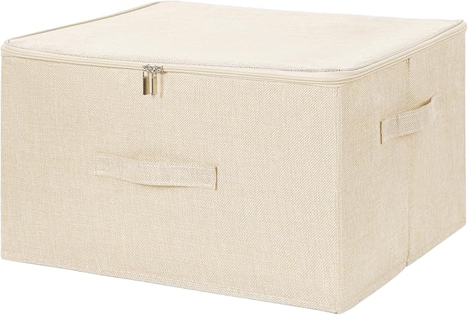 ANMINY Storage Bins with Zipper Lids 51.9 Qt Lidded Fabric Storage Boxes Baskets Cubes with Handles Collapsible Washable Cotton Linen Closet Shelf Clothes Organizer - Beige, Extra Large