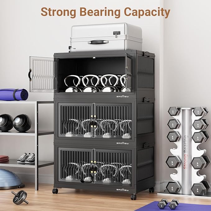 BROVIEW 400Qt Stackable Storage Bins with Lid, Extra Large Closet Organizer Collapsible Drawer Boxes with Wheels, Folding Plastic Cabinet Containers for Home Kitchen Room Organization, 4Pack Black
