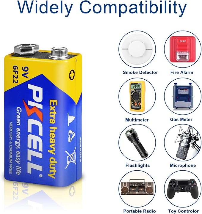 PKCELL 9V Dry Battery (100 Count)– Ultra Long-Lasting 9 Volt Carbon Zinc Battery, 3-Year Shelf Life, Leak-Proof 9V Battery for Smoke Detectors