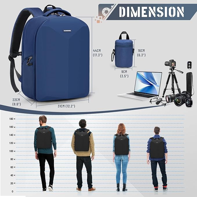 RAINSMORE Camera Backpack Hard Shell for DSLR/SLR Waterproof Camera Bag with Laptop Compartment 15.6 Inch Professional Camera Case with Rain Cover Photography Backpack Bag with Camera Lens Case Blue