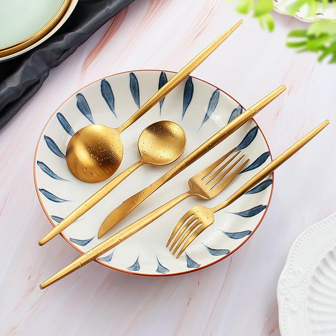 60-Piece Stainless Steel Flatware Set - Matte Gold, Dishwasher Safe, Includes Knives, Spoons, Forks, Satin Finish