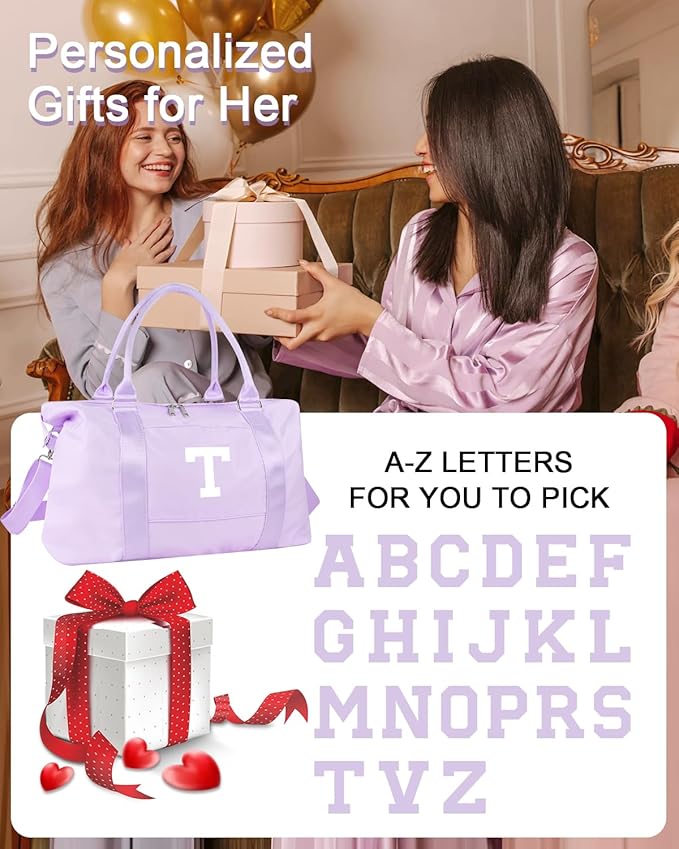 Daughter Niece Gifts for Teen Girl Kids, Initial Travel Duffel Bag Sports Gym Bag Personalized Gifts Weekender Bag，Monogram Overnight Bag Cute Dance Bag Birthday Bridesmaid Gifts for Women(Purple, T)