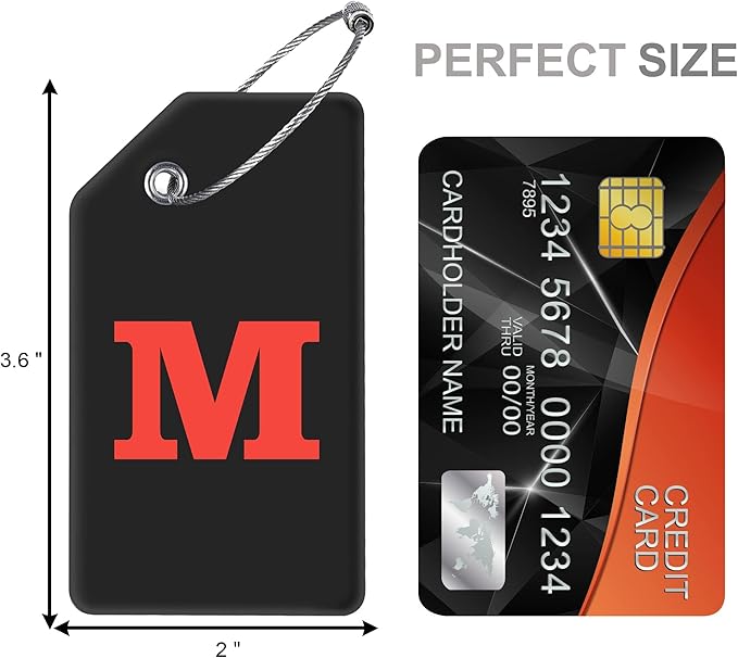 8 Pcs Luggage Tags for Suitcases, 26 Initial Letter Travel Luggage Baggage Identification Labels ID Tags Fully Bendable Tags with Stainless Steel Loop (Letter M, Black)