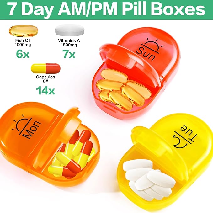 Serfeymi Weekly Travel Pill Organizer 2 Times A Day AM PM Upgraded Rainbow Pill Box 7 Day with Portable Zipper Canvas Pill Case, Medicine Organizer for Pills, Vitamins, Fish Oils - Brown 01