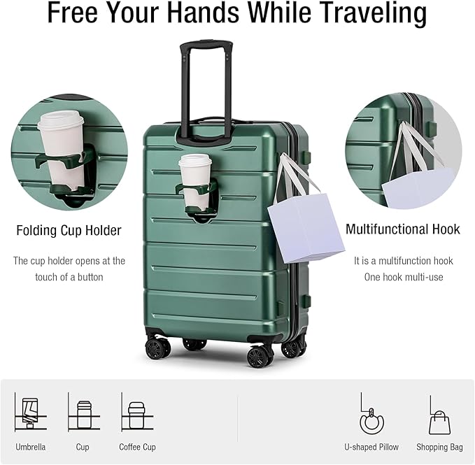 KYME Luggage Sets 2 Piece Hardshell 22"/26" Suitcase with Spinner Wheels Hardside Suitcases Sets with TSA Lock Lightweight Travel Luggage Set with Cup Holder for Women Men Green