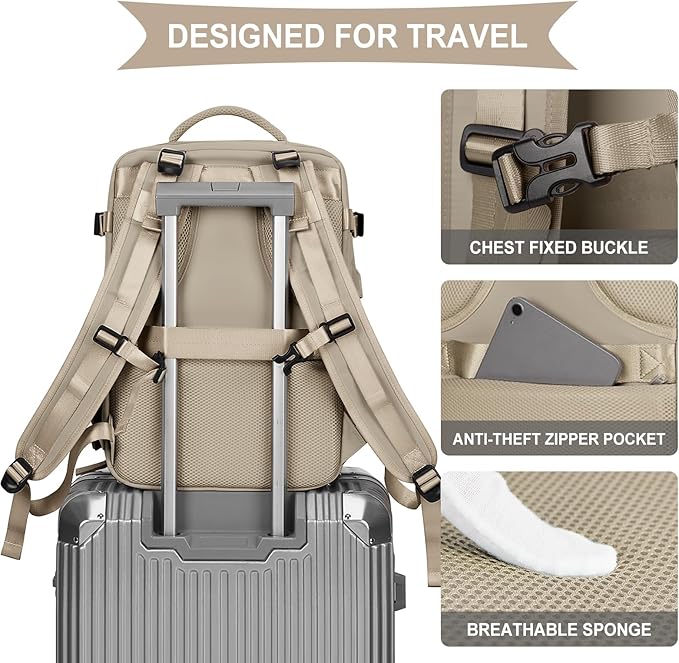 coowoz Travel Backpack For Women Men,Carry On Backpack,Hiking Backpack Waterproof Outdoor Sports Rucksack Casual Daypack travel essentials（Khaki）