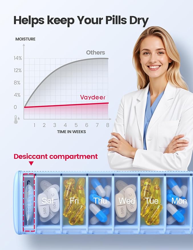 Vaydeer Metal Travel Pill Organizer, 7 Day Weekly Pill Box, Large Capacity Daily Cute Pill Case for Supplements, Pills, Vitamins and Medication (Small,Purple)