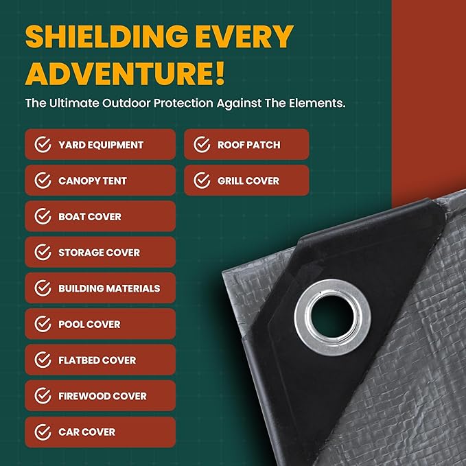 Large Waterproof Tarp - Heavy Duty 10 Mil Thick Poly Tarpaulin Ideal for Canopy Tents, Boats, RV or Pool Covers - Multipurpose Protective Tarps with Grommets for Indoor and Outdoor Use | 10' x 20'