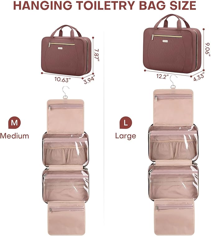 Hanging Toiletry Bag for Women Travel, 2 Sizes Large & Small Waterproof Cosmetic Organizer with 4 Compartments, Rotating Hook, Foldable Pink Travel Bag for Toiletries & Makeup Red Sandalwood