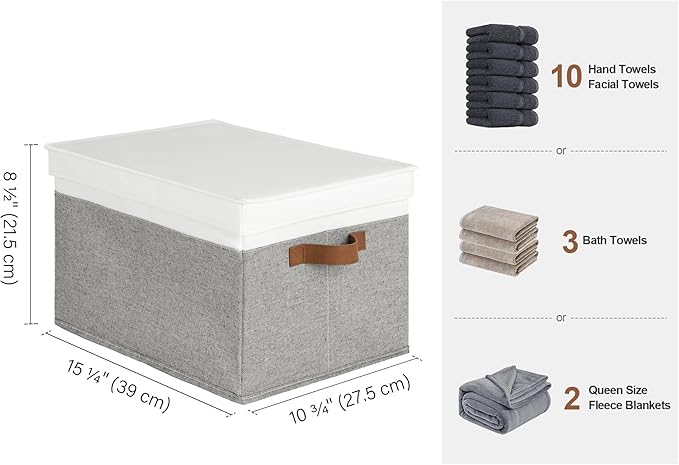 StorageWorks Large Storage Bins with Lids, Decorative Storage Boxes with Lid and PU Handles, Foldable Storage Baskets for Closet, Shelves, Stackable, Gray and White, 3-Pack
