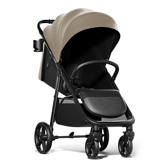 Mompush Nova Baby Stroller for Toddler, Infant & Newborn | Spacious Seat & Lie-Flat Mode | Compact One-Hand Fold, UPF 50+ Canopy & All-Wheel Suspension | Includes Rain Cover & Cup Holder, Khaki