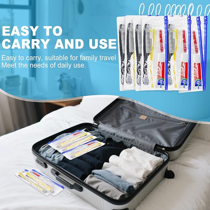 Personal Hygiene Kit Bulk Pack of 10,Yellow Disposable Toothbrushes with Toothpaste Floss Comb Cover and Hotel Vanity Set Basic Travel Toiletry Kit Supplies for Homeless,Charity,Guests