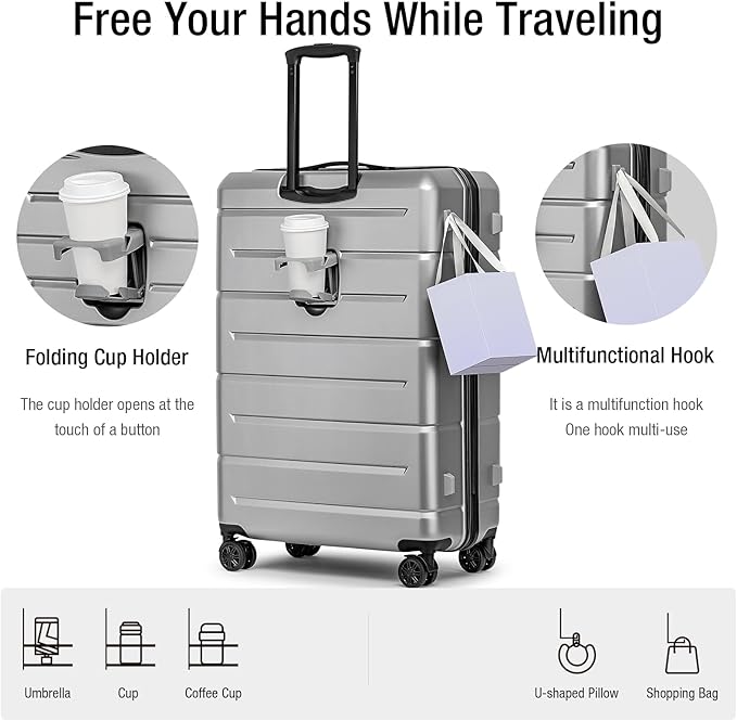 KYME Luggage Sets 3 Piece Hardshell 22in/26in/30in Suitcases with Spinner Wheels Hardside Suitcase Sets with TSA Lock Travel Rolling Luggage Set for Women Men Silver Grey