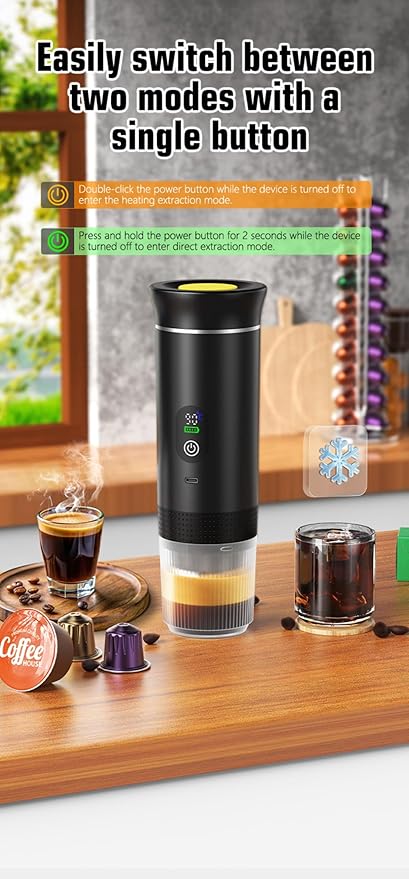 Portable Electric Coffee Maker, Digital Display, Compatible with Coffee Pods,Rechargeable Coffee Machine for Travel, Camping, RV,Home,Office (white)