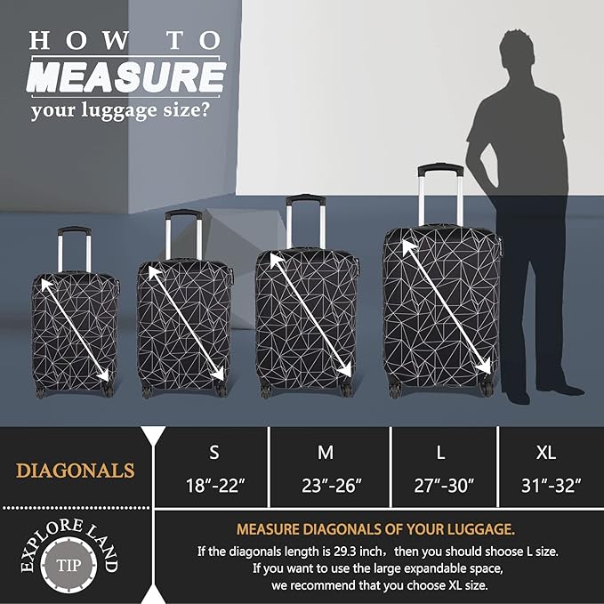 Explore Land Travel Luggage Cover Suitcase Protector Fits 18-22 Inch Case (Black Polygonal, S)