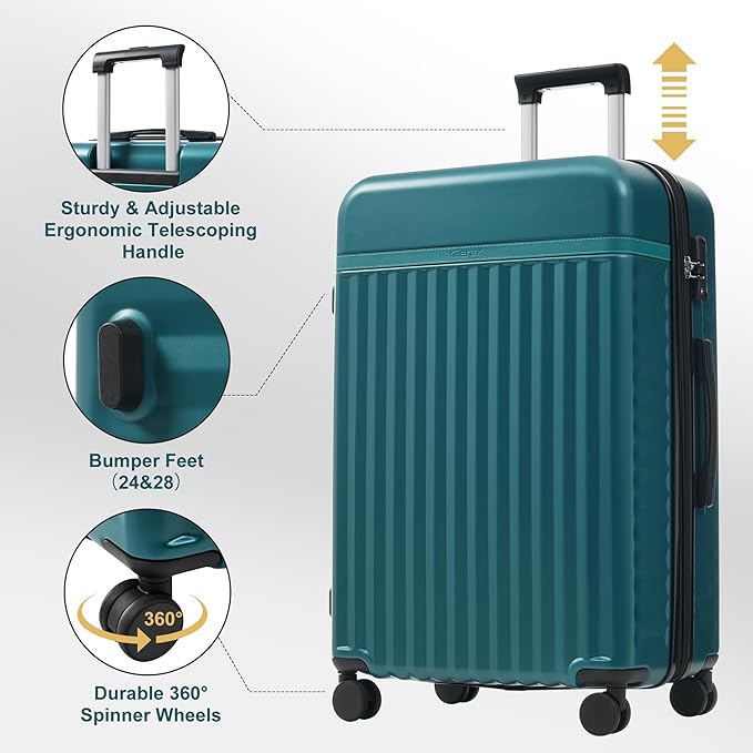Merax Luggage Sets, Durable Hardshell 3 Piece Suitcase with Double Spinner Wheels and Handle Bags,Lightweight Carry on Luggage with TSA Lock,20+24+28 inches,Dark Green