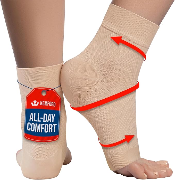 KEMFORD Ankle Compression Sleeve - Plantar Fasciitis Braces - Open Toe Compression Socks for Swelling, Sprain, Neuropathy, Foot Arch Support for Men and Women - 15-20mmhg, M, Beige