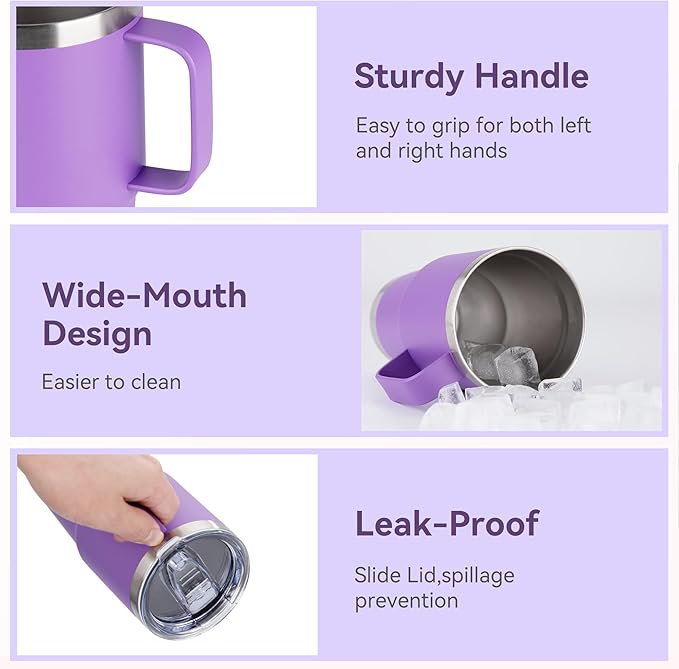 HASLE OUTFITTERS 20oz Tumbler with Lid, Stainless Steel Tumbler with Handle, Metal Insulated Travel Coffee Mug with Handle, Double Wall Vacuum Spill Proof Tumbler Cup, Purple 1 Pack