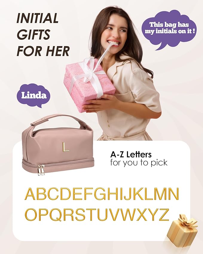 Personalized Makeup Bags, Initial Bags with Handle, Waterproof Double Layer Cosmetic Bag, Large Capacity PU Leather Makeup Bags Letter Travel Toiletry Bag with Makeup Brush Organizer