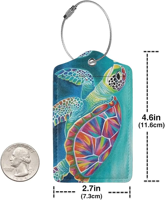 Sea Turtle Leather Luggage Tag with Stainless Steel Ring, Fun Name Id Card Cover Travel Bag Tag Set, Suitable for Travel Bag Luggage Women Men 4 PCS