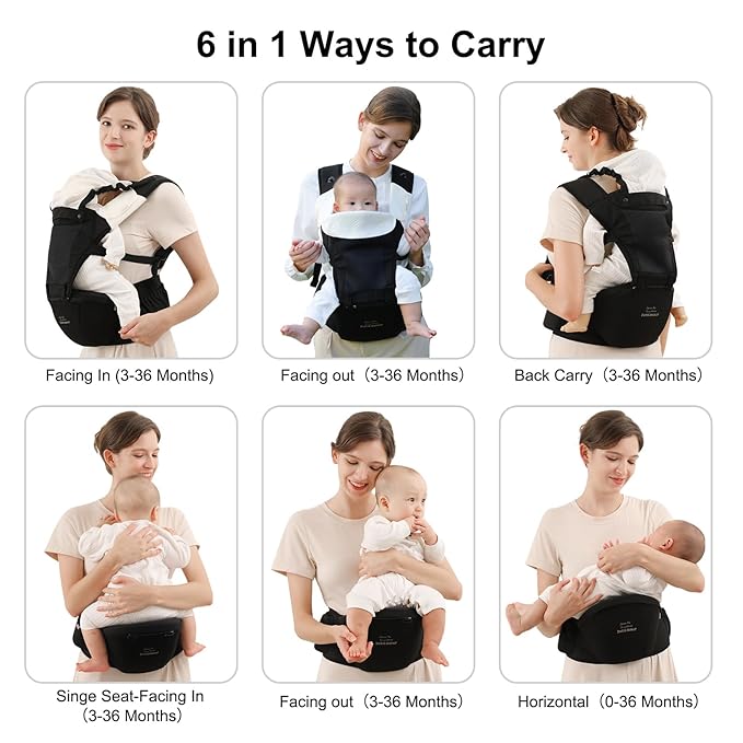 Bebamour Baby Carrier with Hip Seat,All-Position Breathable Mesh Hip Seat & Carrier 0-36Months with Head Hood, 3 PCS Teething Pads, Waist Extender,Storage Bag & Pacifier Case (Blue)