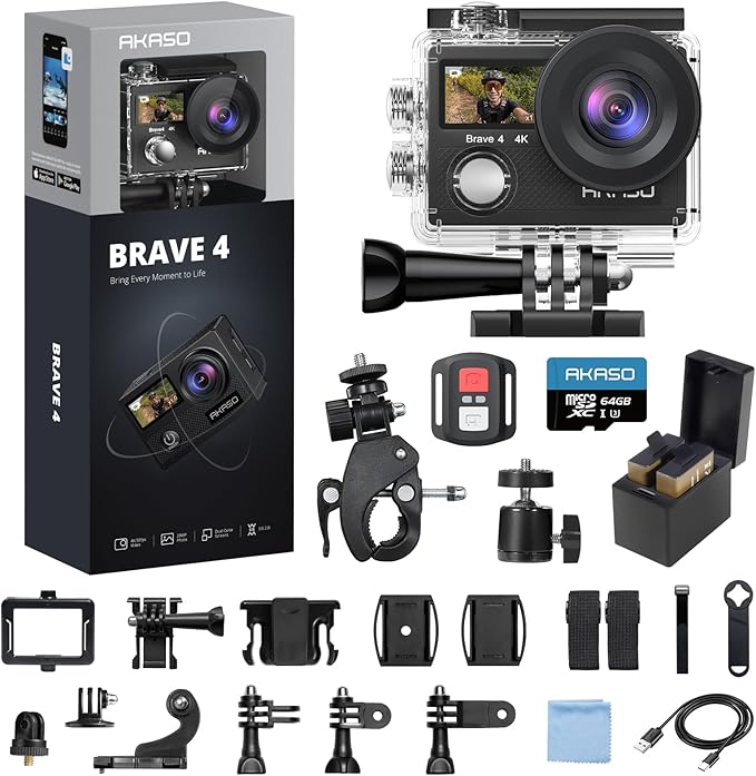 AKASO Brave 4 Action Camera 4K 30fps with 64GB MicroSD Card Bundle 20MP Ultra HD 131FT Waterproof Underwater Camera EIS WiFi Remote Control 5X Zoom Sport Cameras with Bicycle Accessories Kit