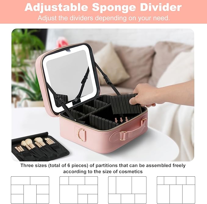 Mocado Travel Makeup Bag with LED Lighted Mirror, Travel Makeup Organizer, Makeup Case with 3 Color Lighted Setting and 10x Magnifying Mirror, Portable Storage and Adjustable Dividers Makeup Box(Pink)