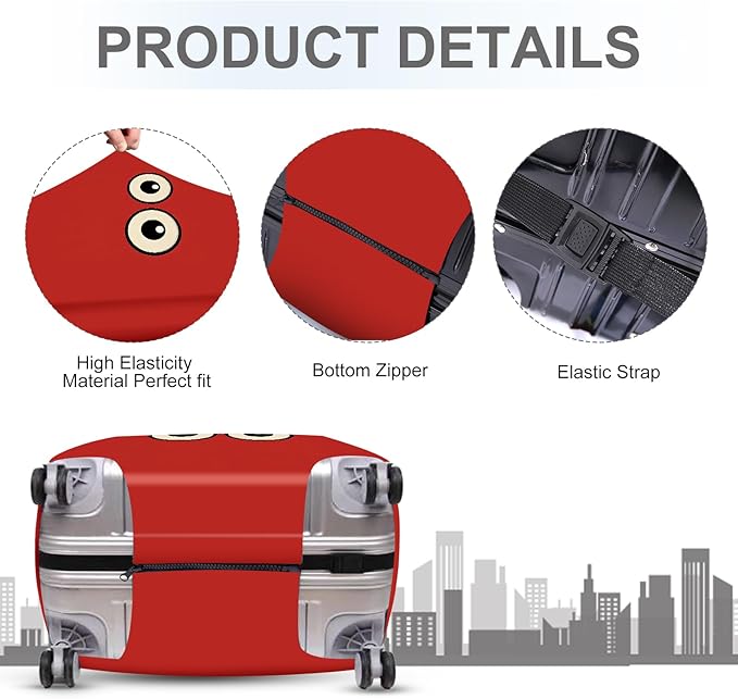 ANNA QUEEN Funny Cartoon Eyes Luggage Cover, Red Suitcase Protector with Cute Big Eyes Design, Travel Suitcase Cover for 32-34 Inch Luggage, Stretchable & Washable Spandex Travel Accessories