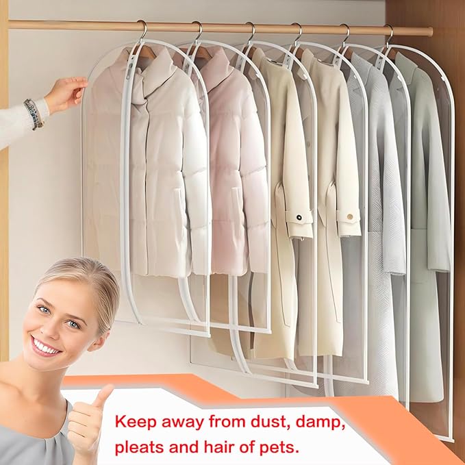 Garment Bags for Closet Storage (set of 12) Wedding Dress Garment Bag Clothes Bags for Storage Plastic Waterproof Dress Cover with Zipper for Dresses, Coats, Uniforms, Long Coats, Trench 24'' x 60''