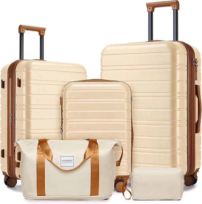 LARVENDER Luggage Sets 5 Piece Hardside Expandable Suitcase with Wheels Lock,Hardside Lightweight Rolling Suitcase for Women and Men,Cream