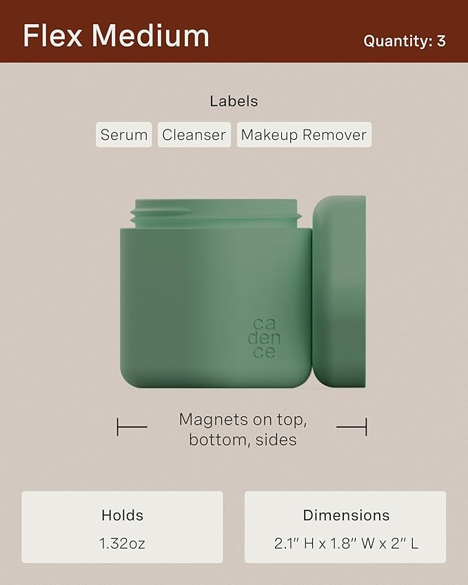 Cadence Travel Containers - Core Skincare Set - Magnetic Containers with Lids,2 Small (0.56oz) & 3 Medium (1.32oz) - Cleanser, Moisturizer, Serum, Makeup Remover & Sun Icon Labels - Pacific