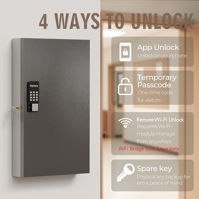 WeHere 96 Key Lock Box Wall Mount(Plus), Smart Security Storage Lockbox, Key Cabinet use APP Bluetooth/Fixed/Dynamic Password/OTP Share Unlock, Key Management for Valets/Realtors/Office